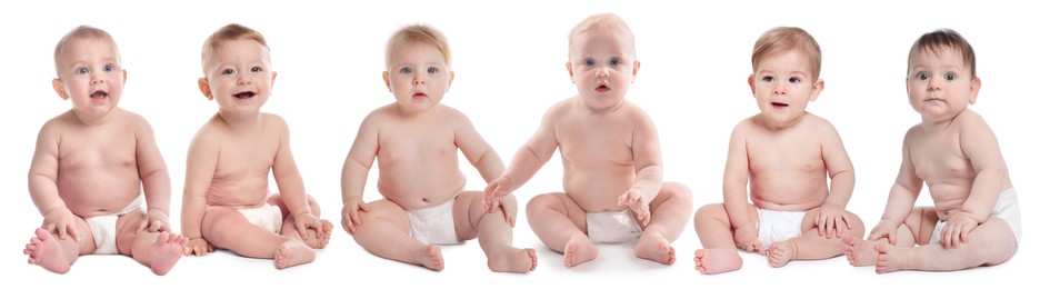 Image of Cute little babies on white background, collage