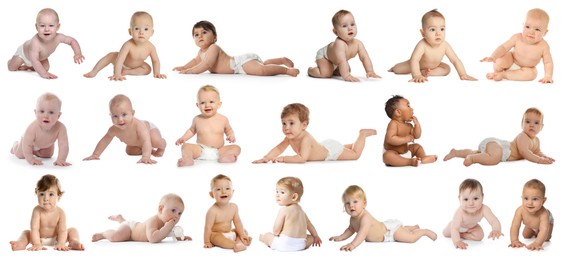 Image of Cute little babies on white background, collage