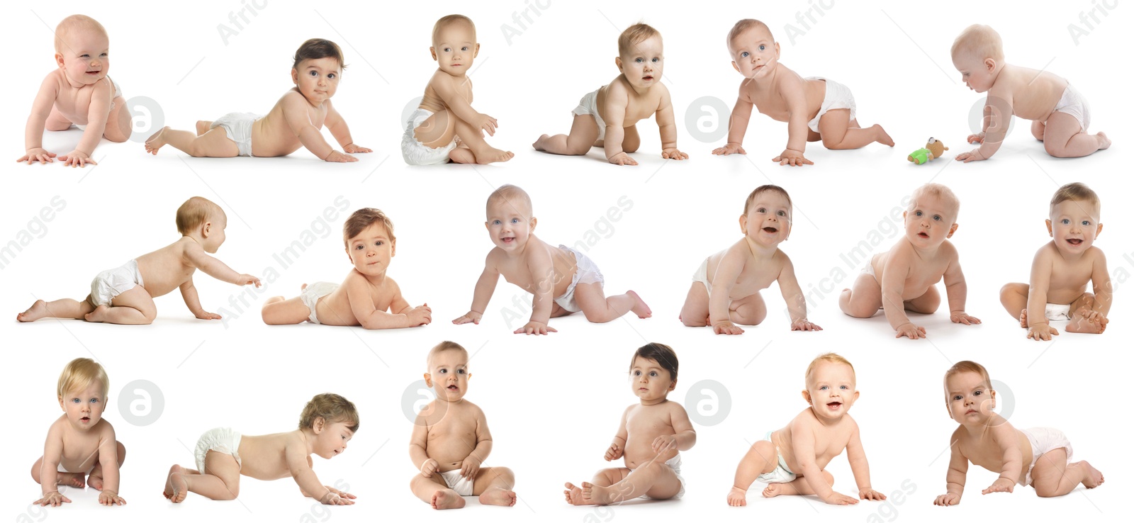 Cute little babies on white background, collage Image of Cute little babies on white background, collage