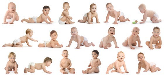 Image of Cute little babies on white background, collage