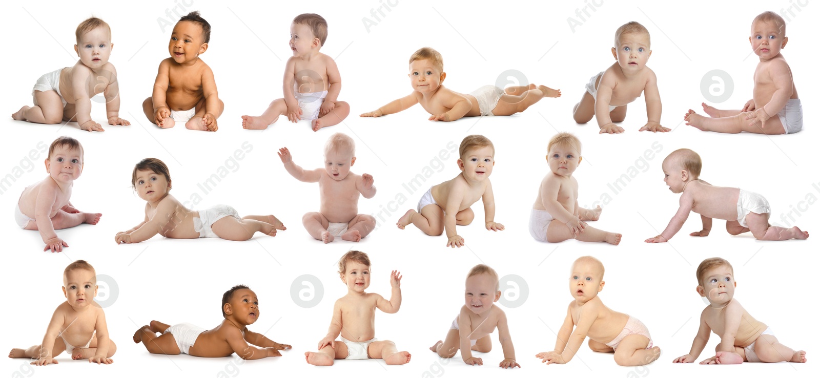 Cute little babies on white background, collage Image of Cute little babies on white background, collage