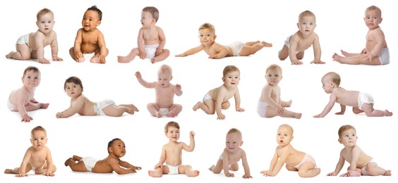 Image of Cute little babies on white background, collage