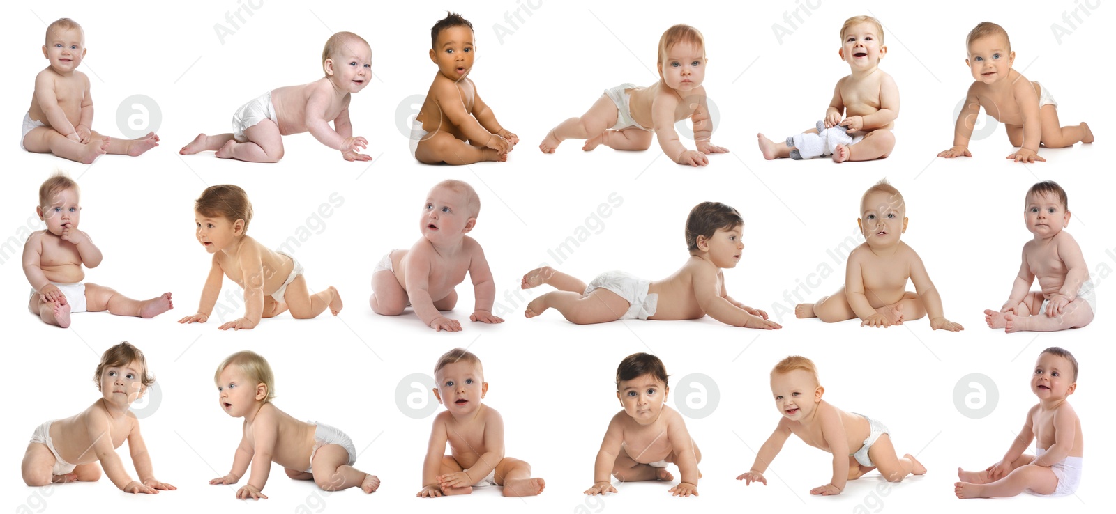 Cute little babies on white background, collage Image of Cute little babies on white background, collage