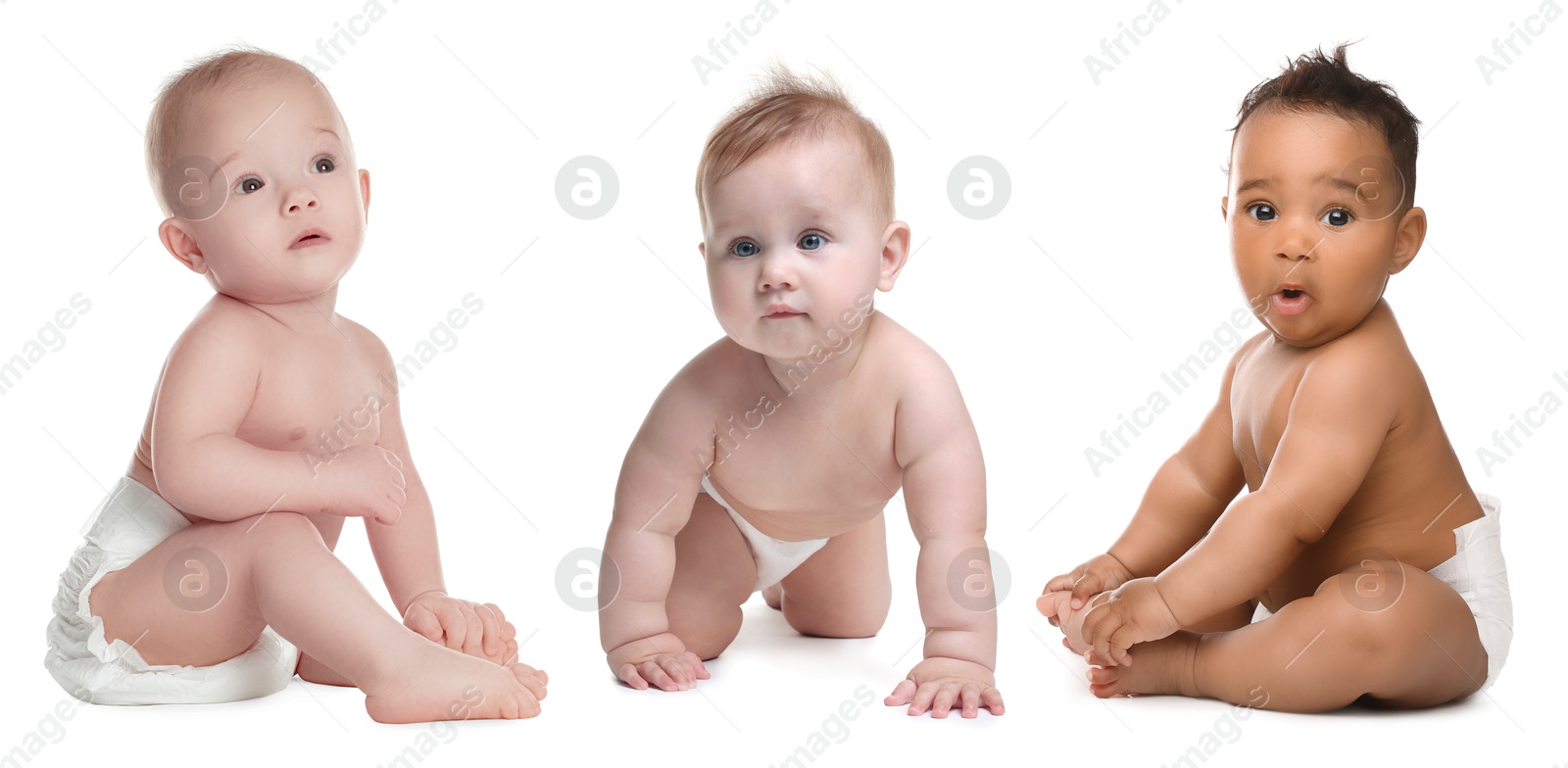 Cute little babies on white background, collage Image of Cute little babies on white background, collage