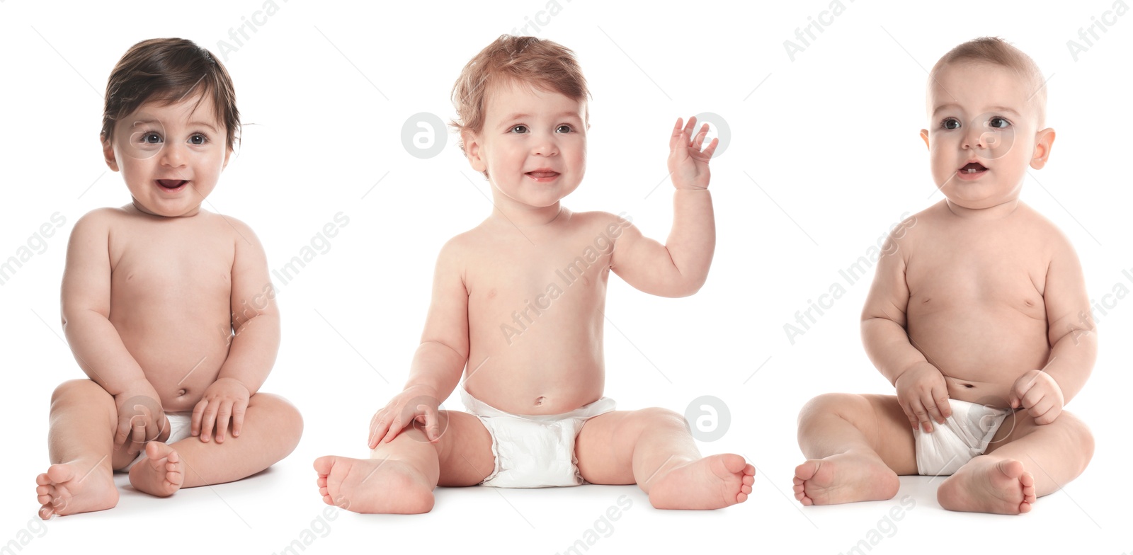 Cute little babies on white background, collage Image of Cute little babies on white background, collage