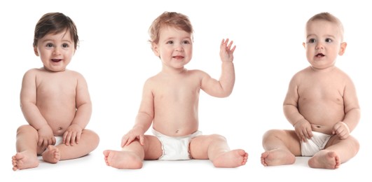 Image of Cute little babies on white background, collage