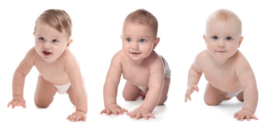 Image of Cute little babies on white background, collage