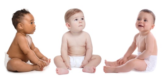 Image of Cute little babies on white background, collage