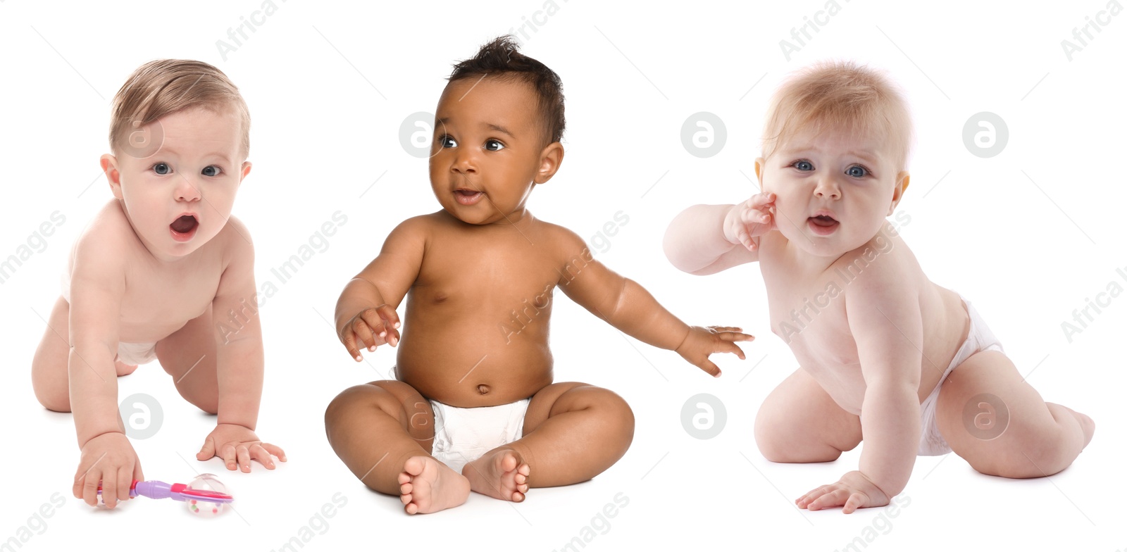 Cute little babies on white background, collage Image of Cute little babies on white background, collage