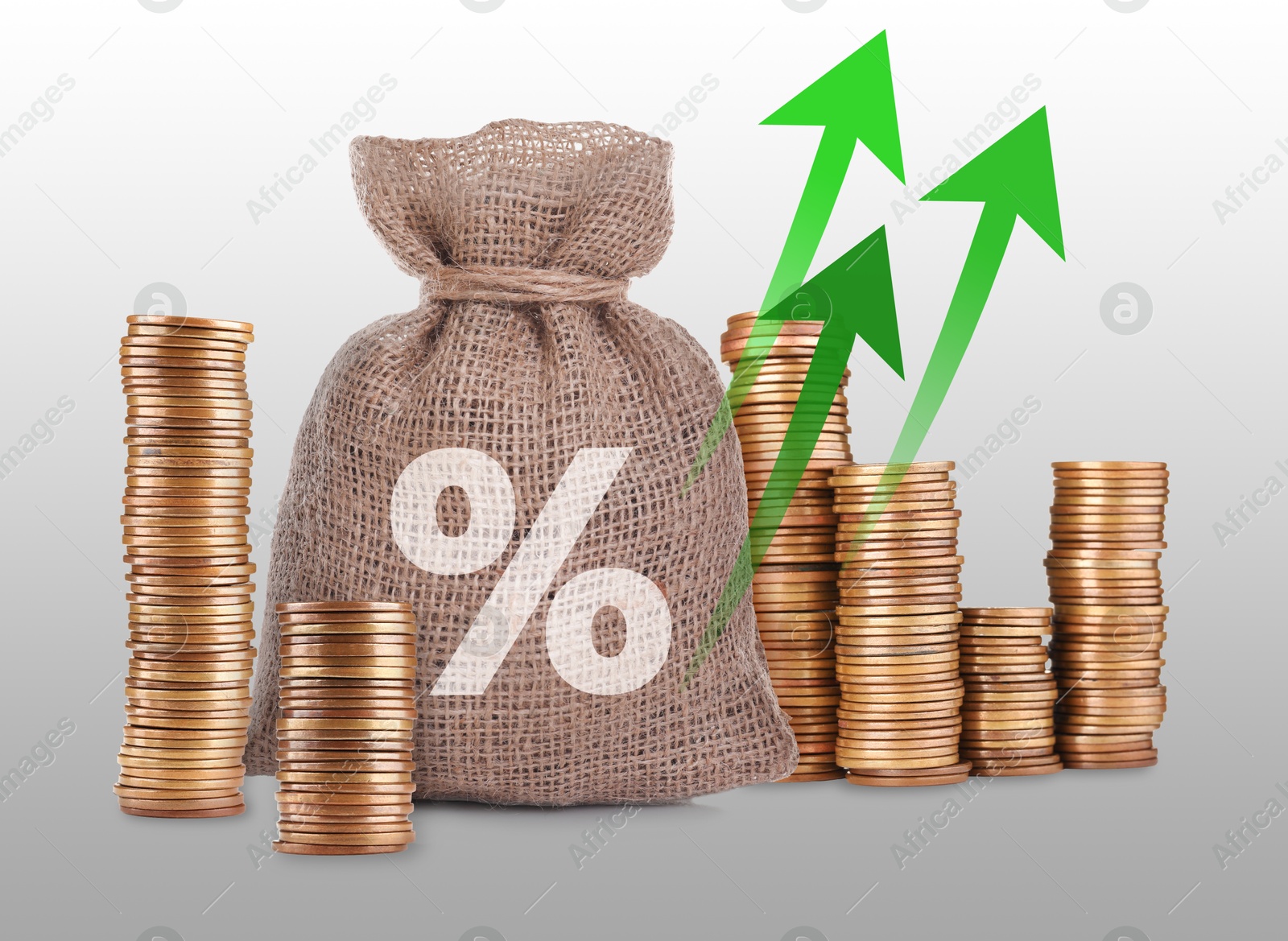 Burlap bag with percent sign, arrows and stacked coins on grey gradient background Image of Burlap bag with percent sign, arrows and stacked coins on grey gradient background