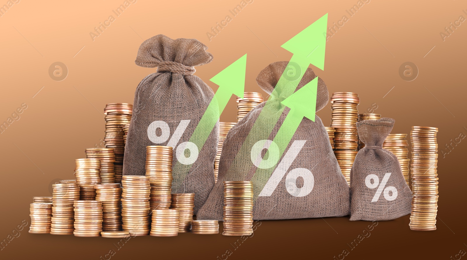 Burlap bags with percent signs, arrows and stacked coins on brown gradient background Image of Burlap bags with percent signs, arrows and stacked coins on brown gradient background