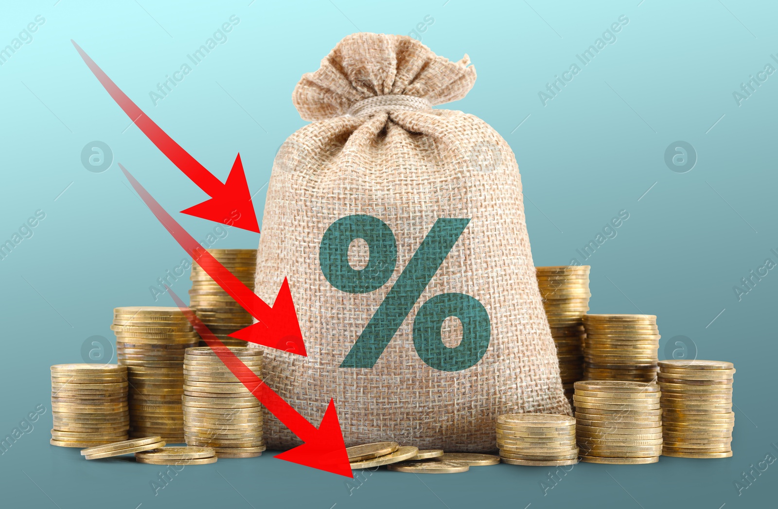 Burlap bag with percent sign, arrows and coins against blue gradient background Image of Burlap bag with percent sign, arrows and coins against blue gradient background