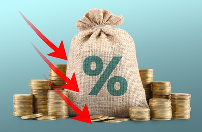 Image of Burlap bag with percent sign, arrows and coins against blue gradient background