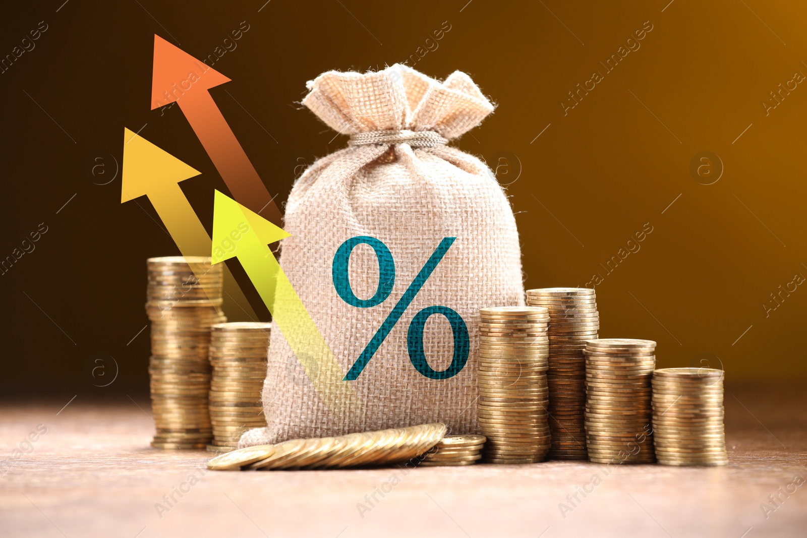 Burlap bag with percent sign, arrows and coins against brown gradient background Image of Burlap bag with percent sign, arrows and coins against brown gradient background