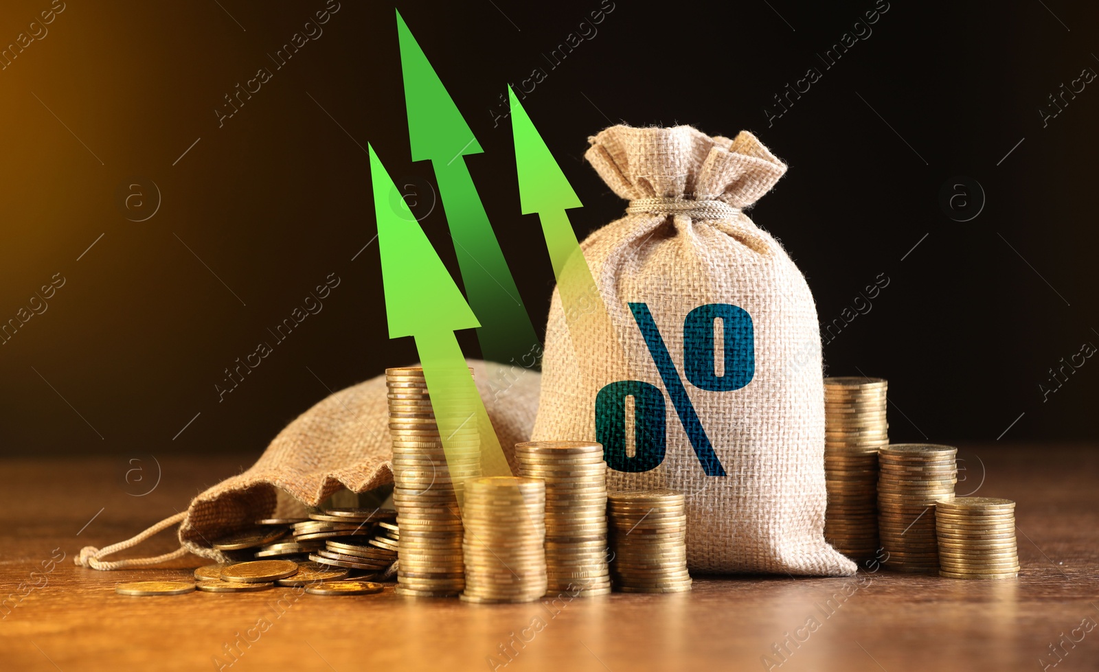 Burlap bag with percent sign, arrows and coins against brown gradient background Image of Burlap bag with percent sign, arrows and coins against brown gradient background