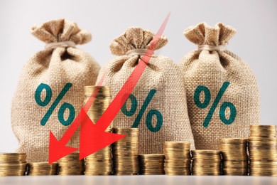Image of Burlap bags with percent signs, arrows and coins against light grey background