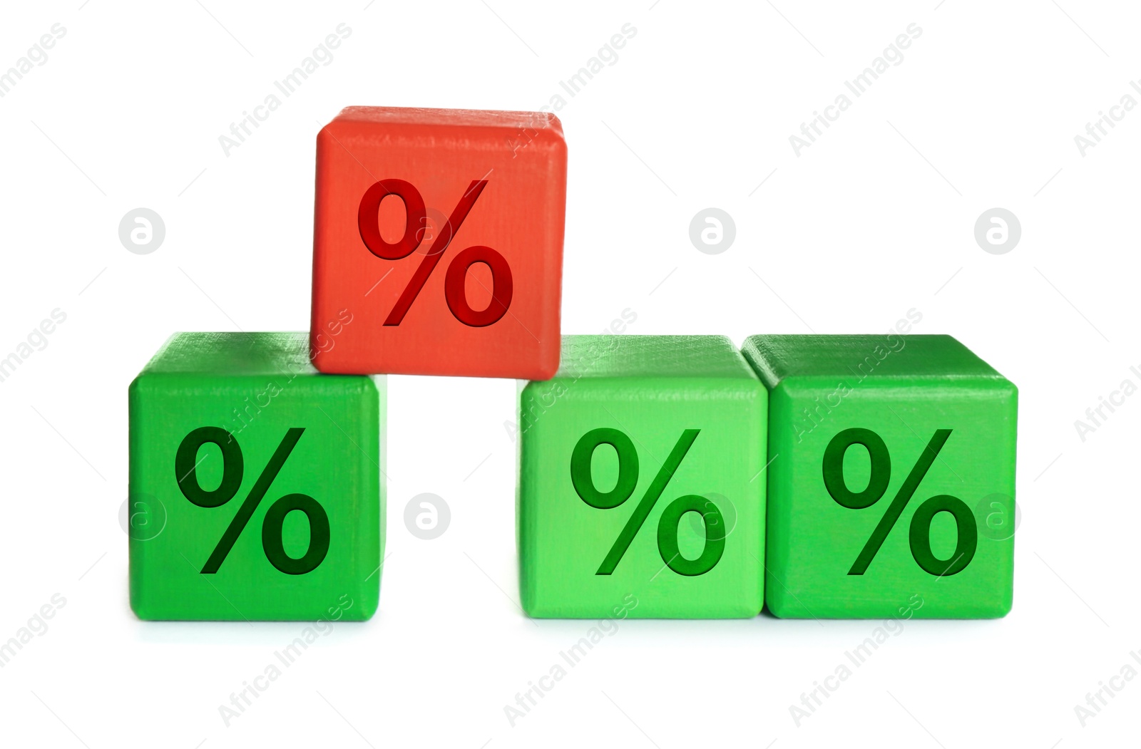 Image of Green cubes with percent signs and one red against white