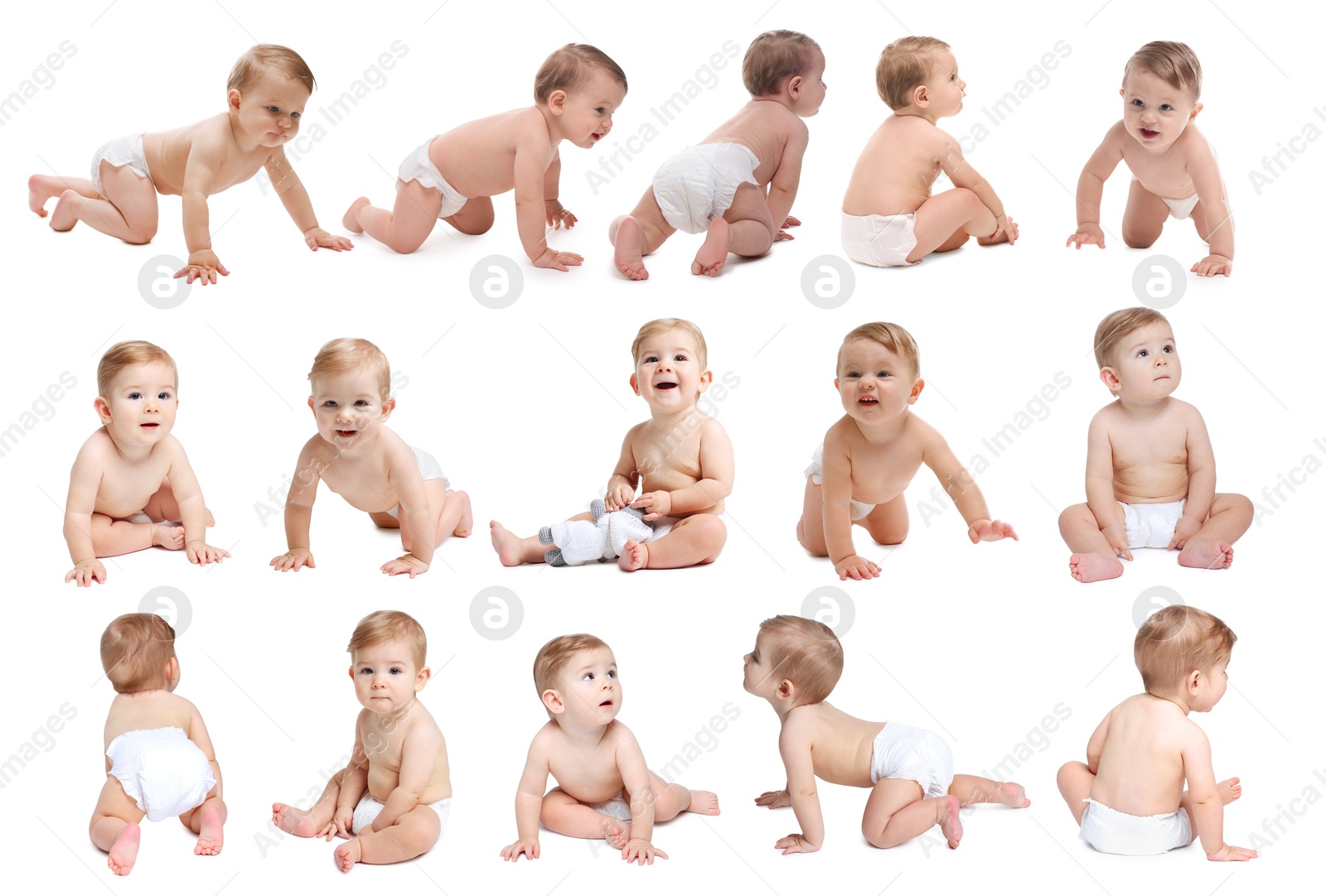 Cute little babies on white background, collage Image of Cute little babies on white background, collage