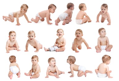 Image of Cute little babies on white background, collage