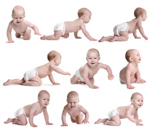 Image of Cute little baby on white background, collage