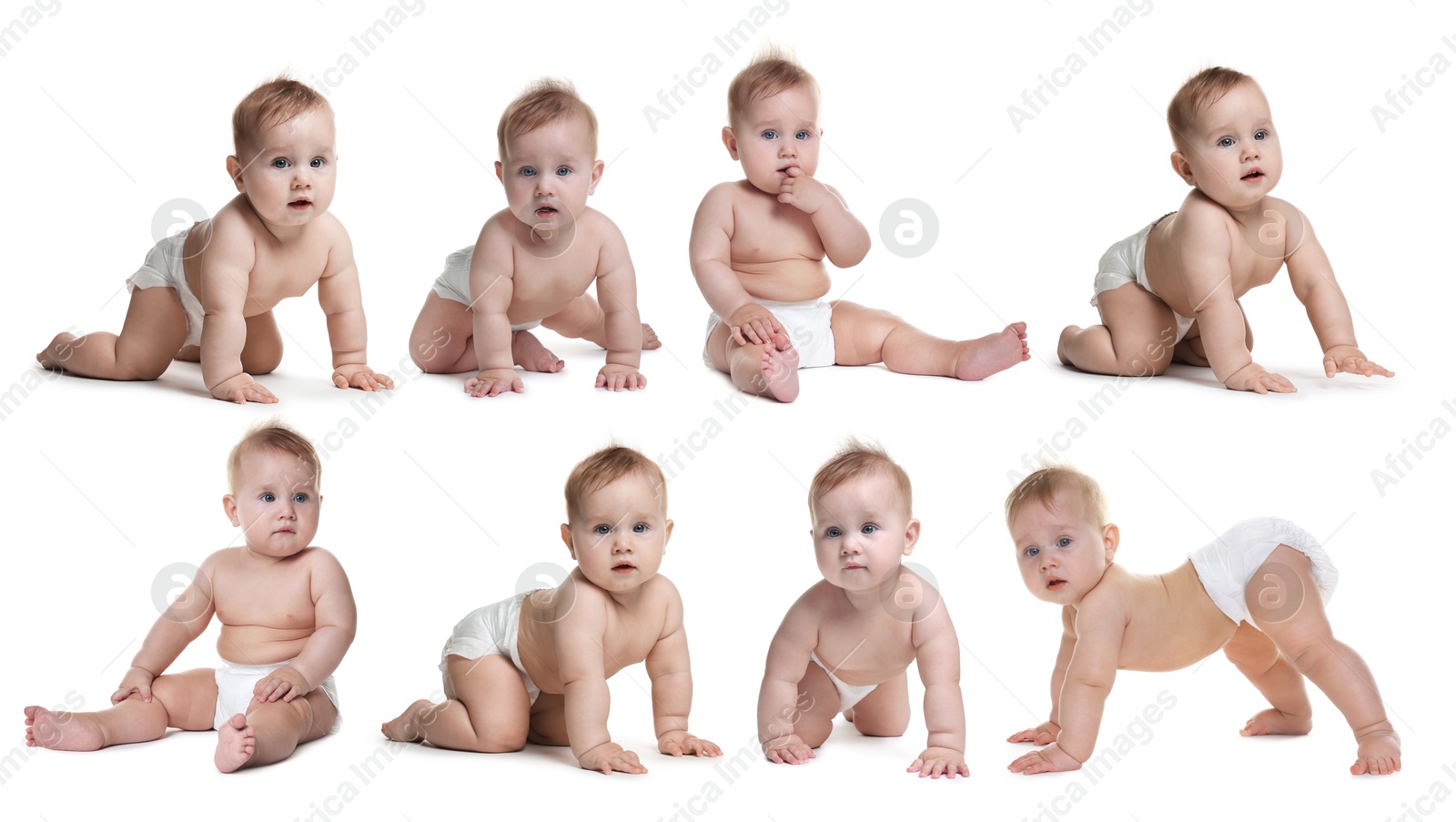 Cute little baby on white background, collage Image of Cute little baby on white background, collage