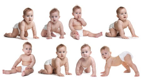 Image of Cute little baby on white background, collage