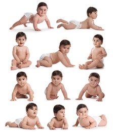 Image of Cute little baby on white background, collage