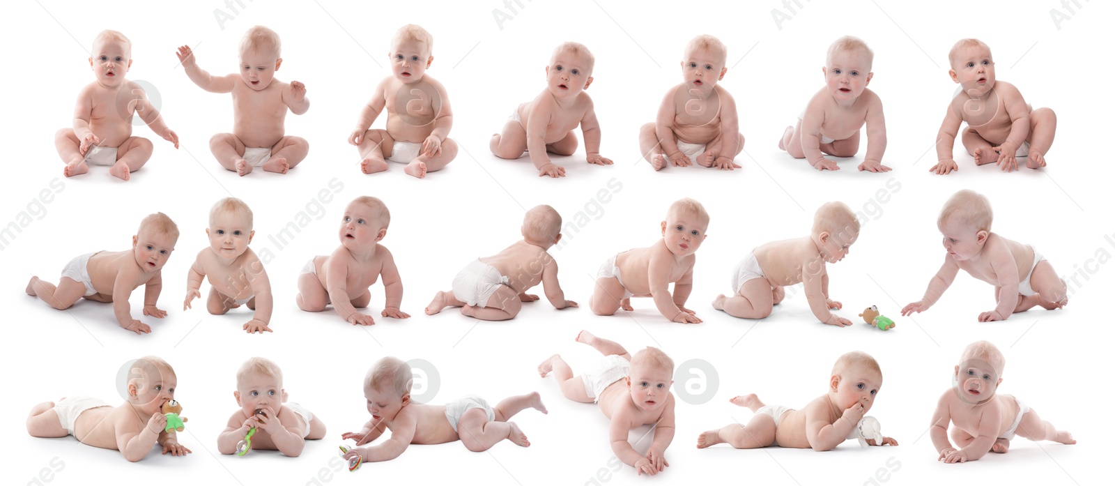 Cute little baby on white background, collage Image of Cute little baby on white background, collage