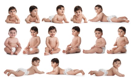 Image of Cute little baby on white background, collage