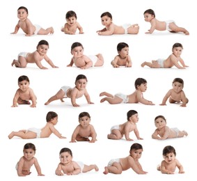 Image of Cute little baby on white background, collage