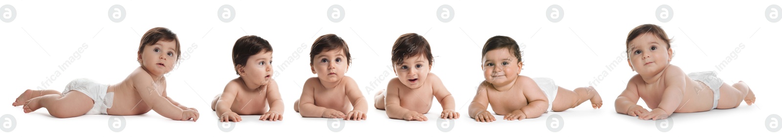Cute little baby on white background, collage Image of Cute little baby on white background, collage