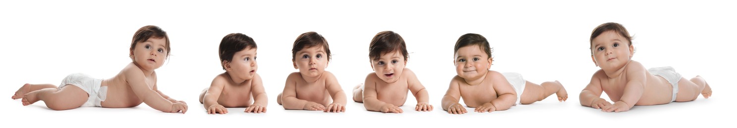 Image of Cute little baby on white background, collage