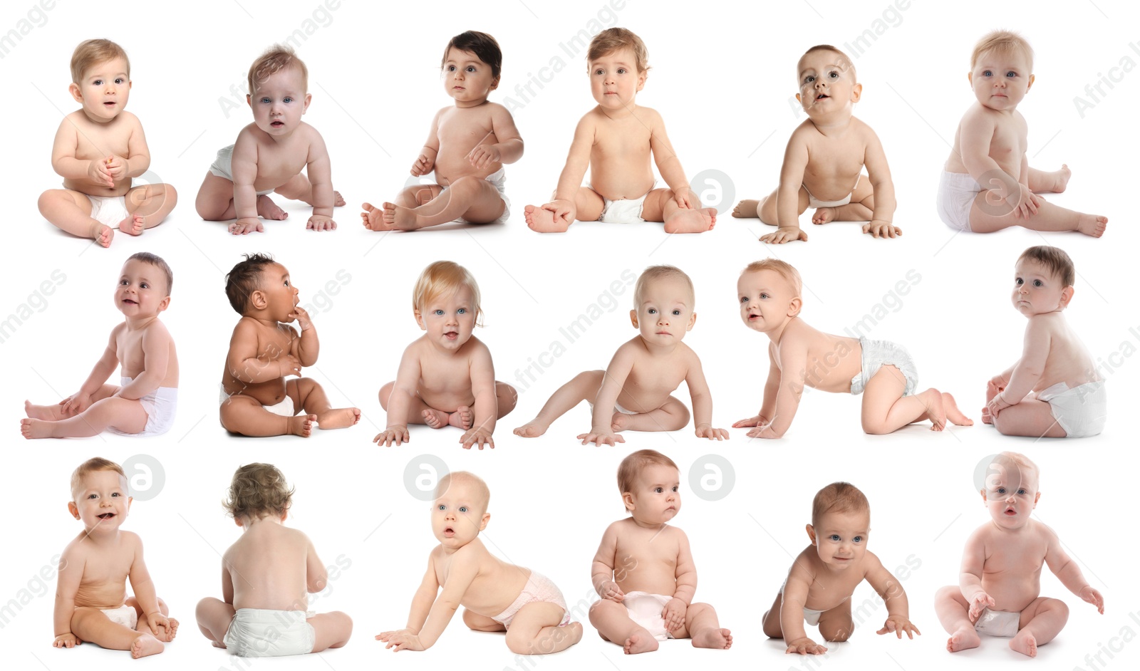 Cute little babies on white background, collage Image of Cute little babies on white background, collage