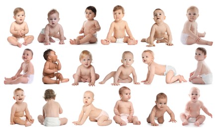 Image of Cute little babies on white background, collage