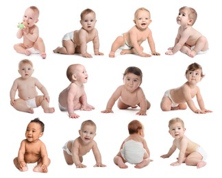 Image of Cute little babies on white background, collage