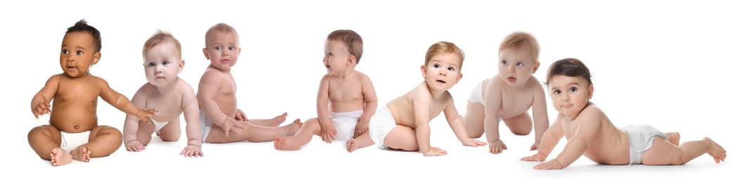Image of Cute little babies on white background, collage