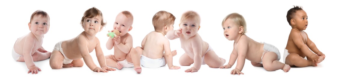 Image of Cute little babies on white background, collage
