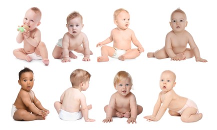 Image of Cute little babies on white background, collage