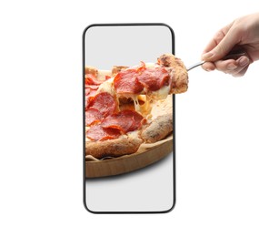 Image of Food ordering and delivery service. Woman taking slice of tasty pizza from mobile phone display against white background, closeup