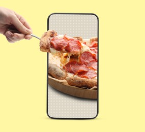 Image of Food ordering and delivery service. Woman taking slice of tasty pizza from mobile phone display against yellow background, closeup