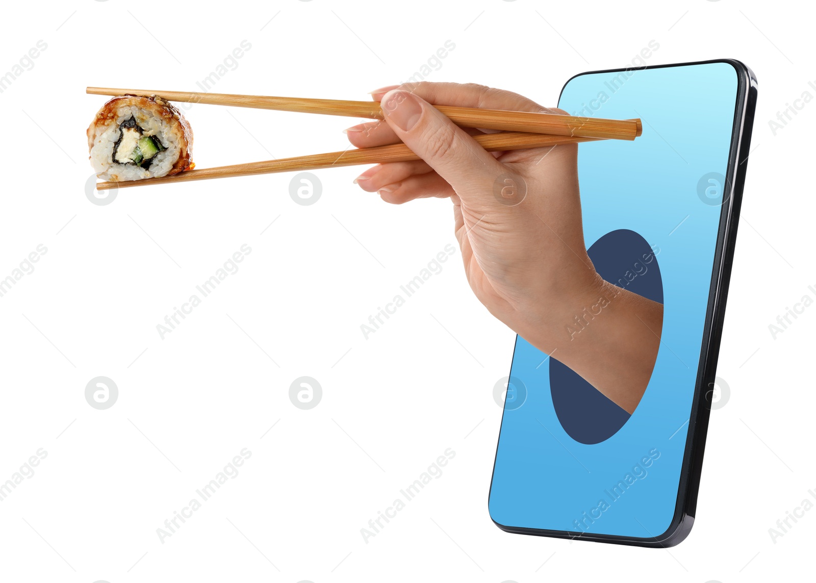 Image of Food ordering and delivery service. Woman's hand with sushi roll, sticking out of mobile phone display against white background, closeup