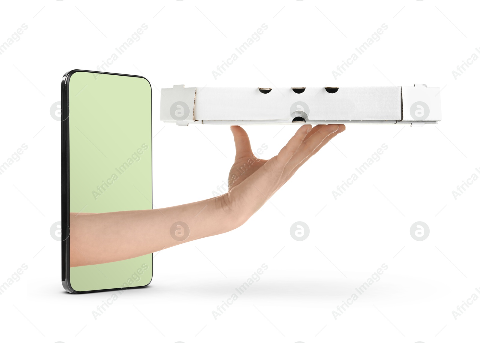 Image of Food ordering and delivery service. Woman's hand giving pizza box through mobile phone display, closeup. White background