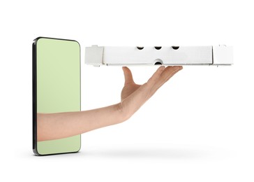 Image of Food ordering and delivery service. Woman's hand giving pizza box through mobile phone display, closeup. White background