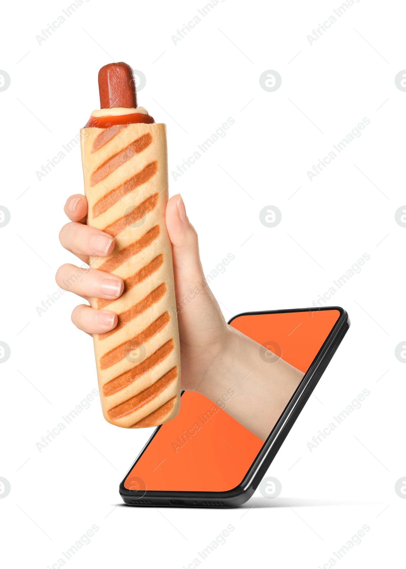 Image of Food ordering and delivery service. Woman's hand with tasty French hot dog, sticking out of mobile phone display against white background, closeup