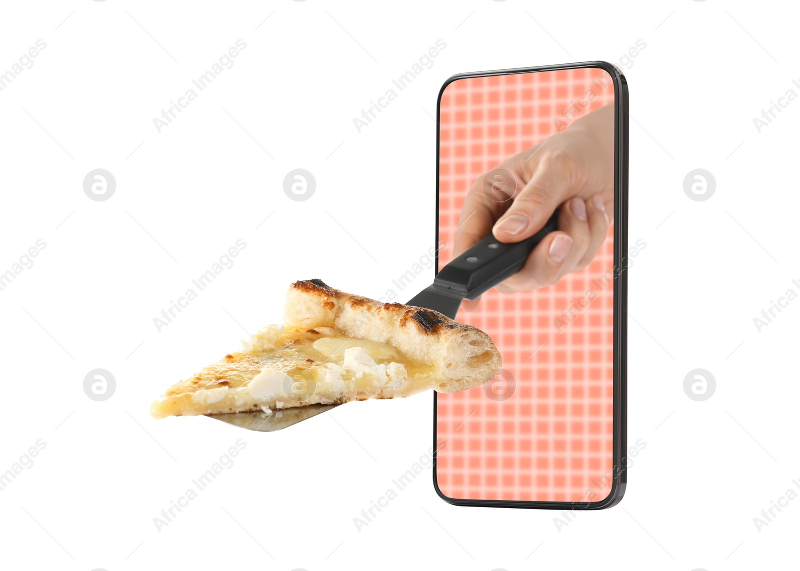 Food ordering and delivery service. Woman's hand giving slice of tasty pizza through mobile phone display, closeup. White background Image of Food ordering and delivery service. Woman's hand giving slice of tasty pizza through mobile phone display, closeup. White background