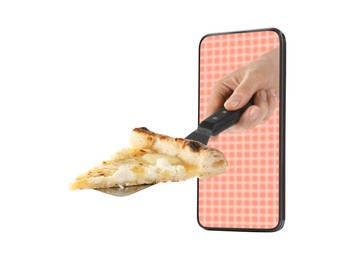Image of Food ordering and delivery service. Woman's hand giving slice of tasty pizza through mobile phone display, closeup. White background