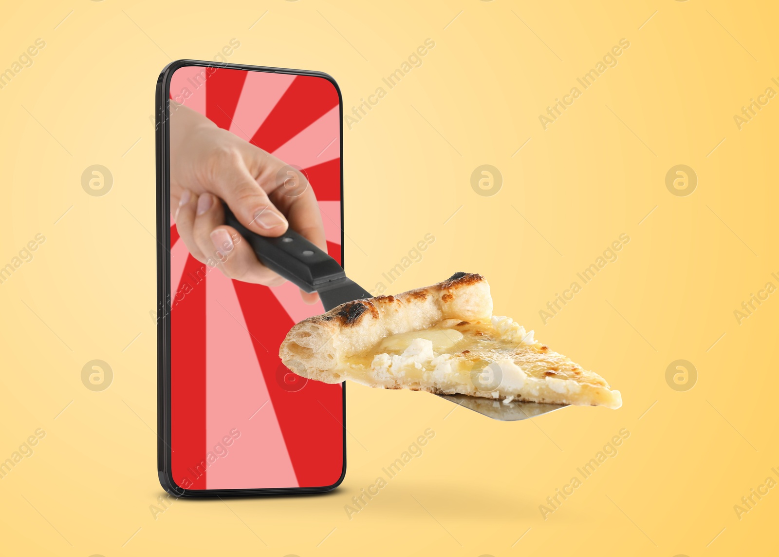 Food ordering and delivery service. Woman's hand giving slice of tasty pizza through mobile phone display, closeup. Orange gradient background Image of Food ordering and delivery service. Woman's hand giving slice of tasty pizza through mobile phone display, closeup. Orange gradient background