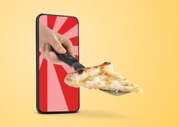Image of Food ordering and delivery service. Woman's hand giving slice of tasty pizza through mobile phone display, closeup. Orange gradient background