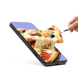 Image of Food ordering and delivery service. Woman taking slice of tasty pizza from mobile phone display against white background, closeup