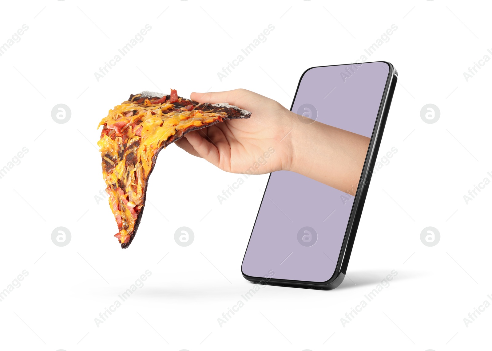 Image of Food ordering and delivery service. Woman's hand with slice of tasty pizza, sticking out of mobile phone display against white background, closeup